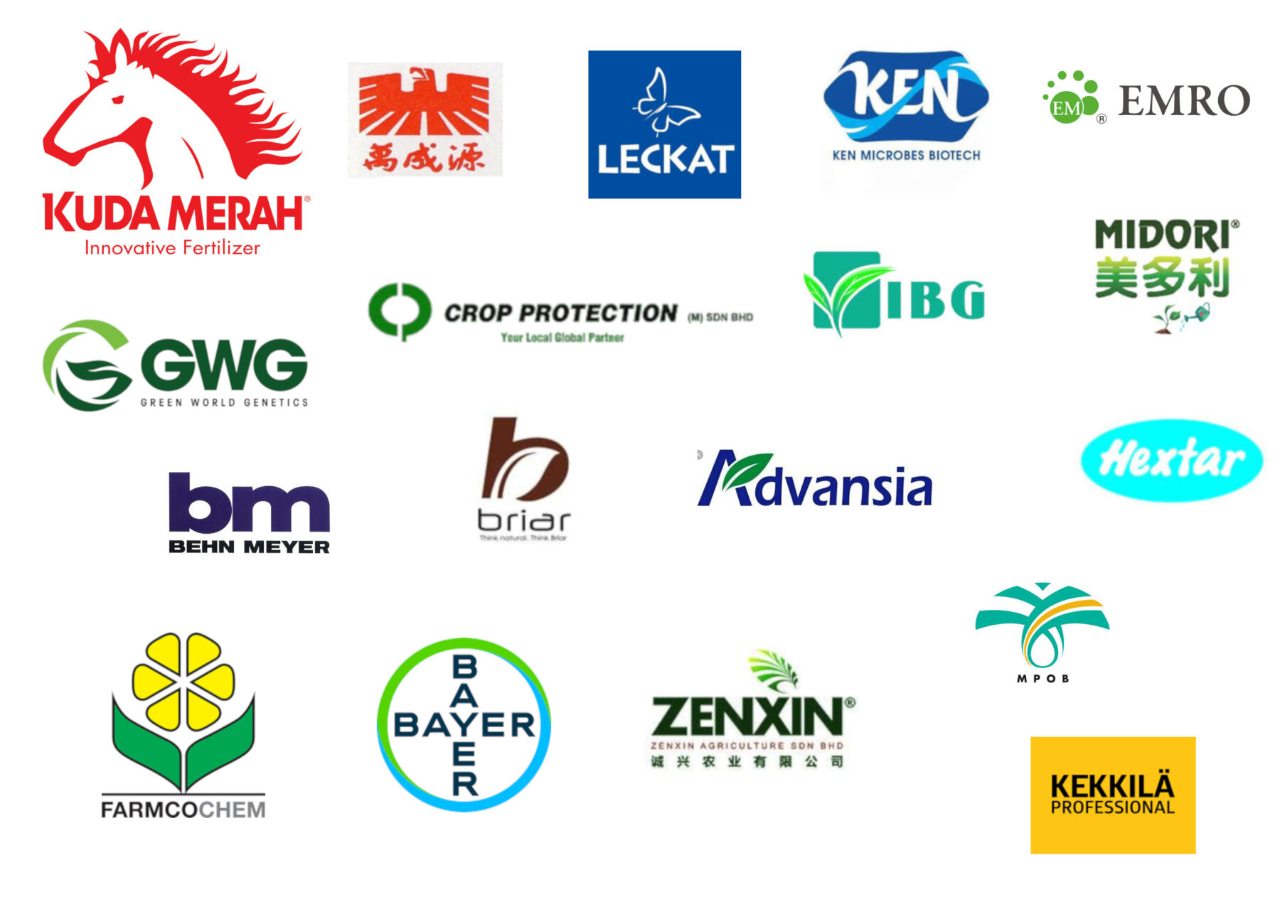 Logos of brands Jecall carries, including Bayer, Behn Meyer, Kuda Merah, Leckat, Advansia, Hextar, Zenxin, Farmcochem and Kekkila