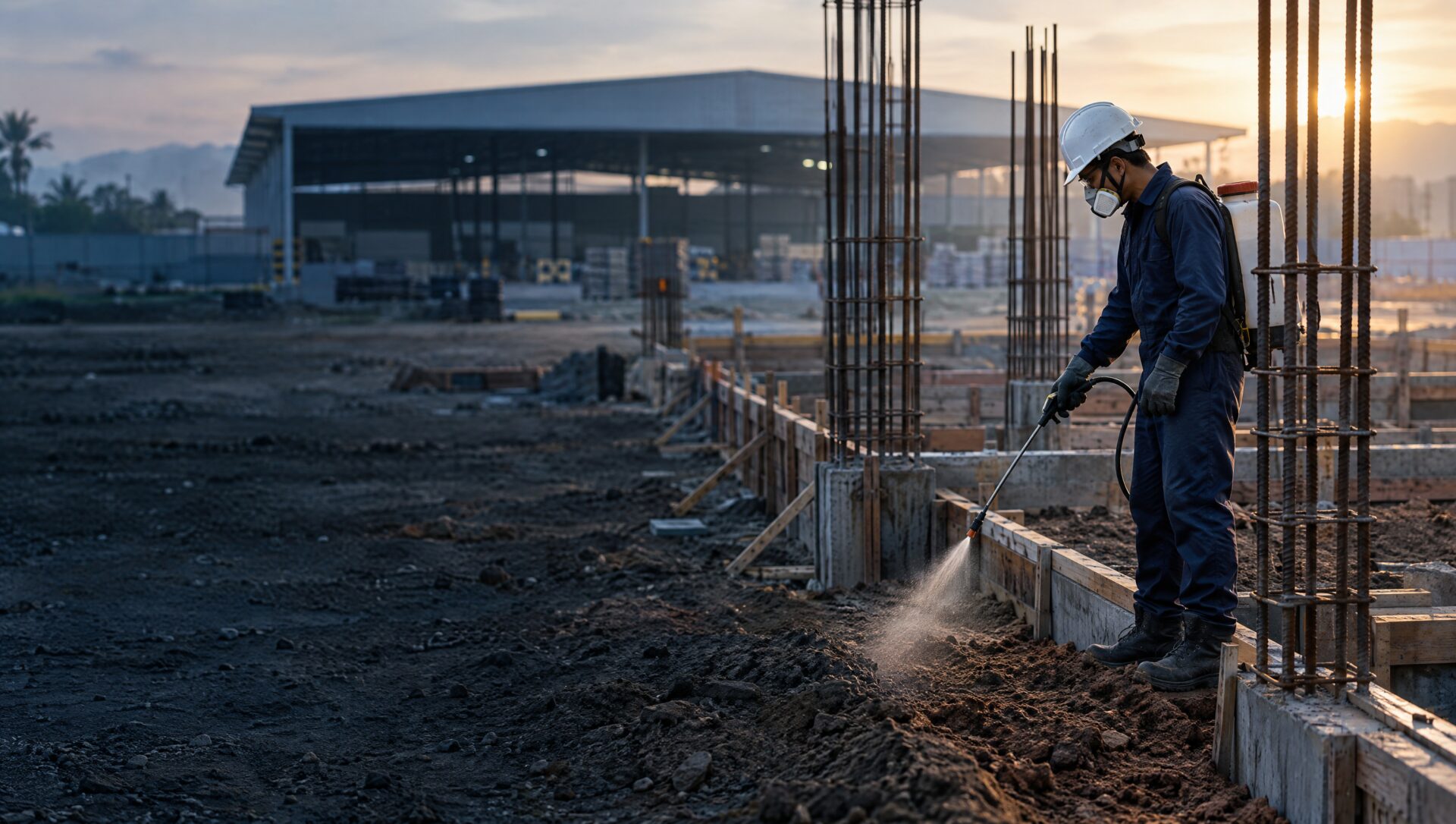 Pest control technician treating a building foundation for termites