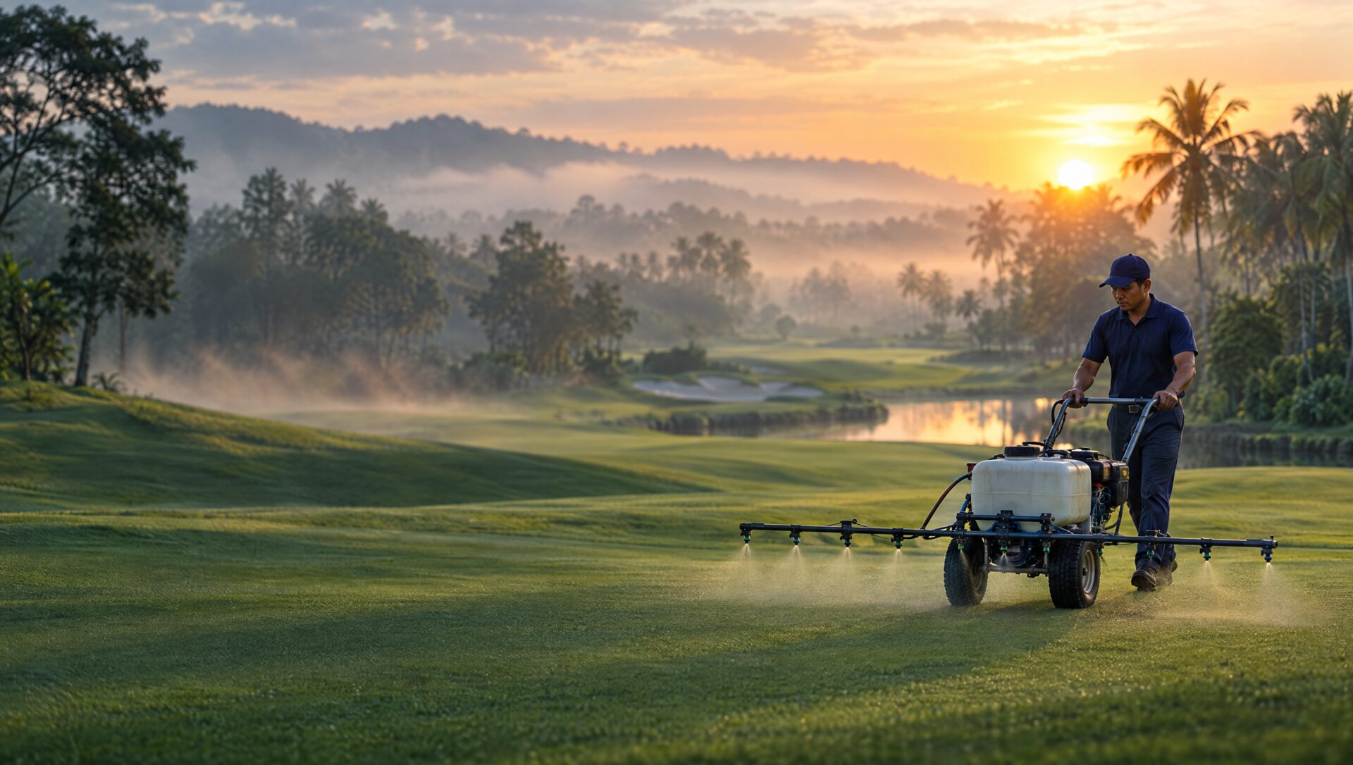 Greenkeeper spraying a golf course fairway at sunrise