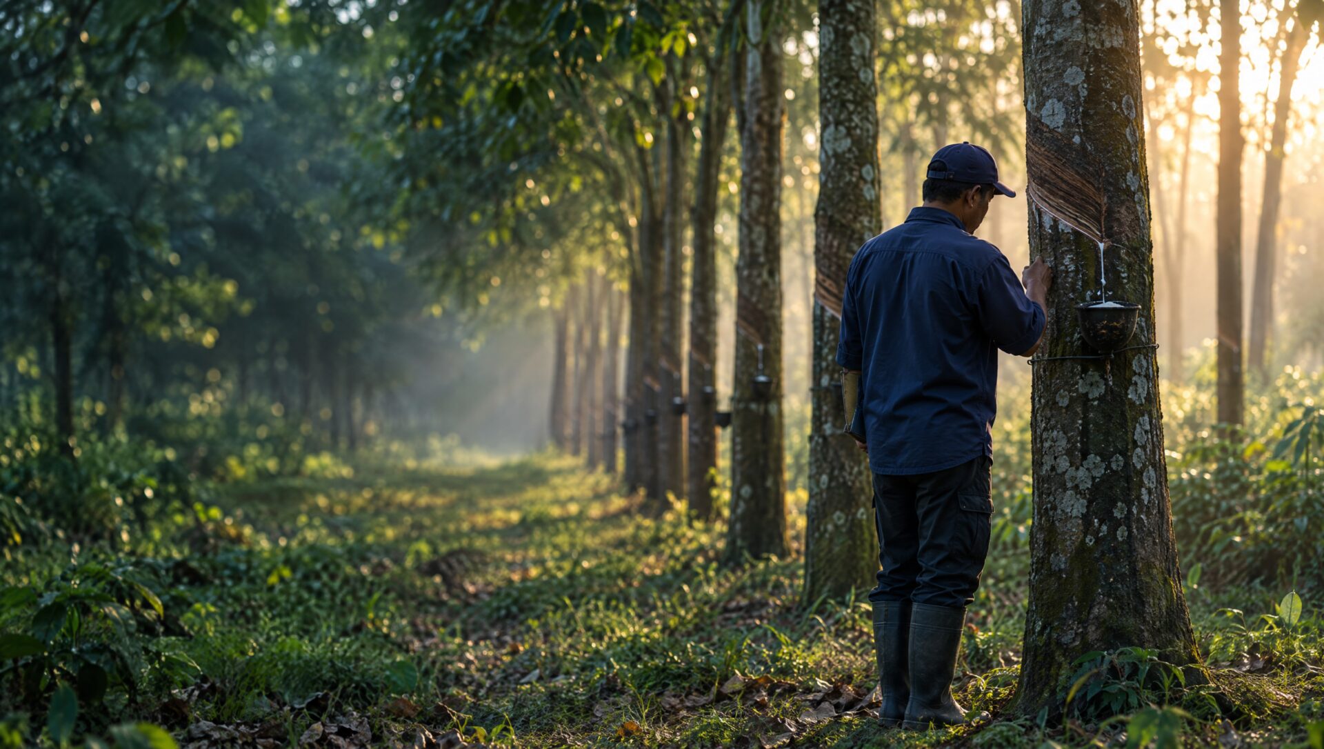 Field officer inspecting a rubber tree in a plantation at golden hour