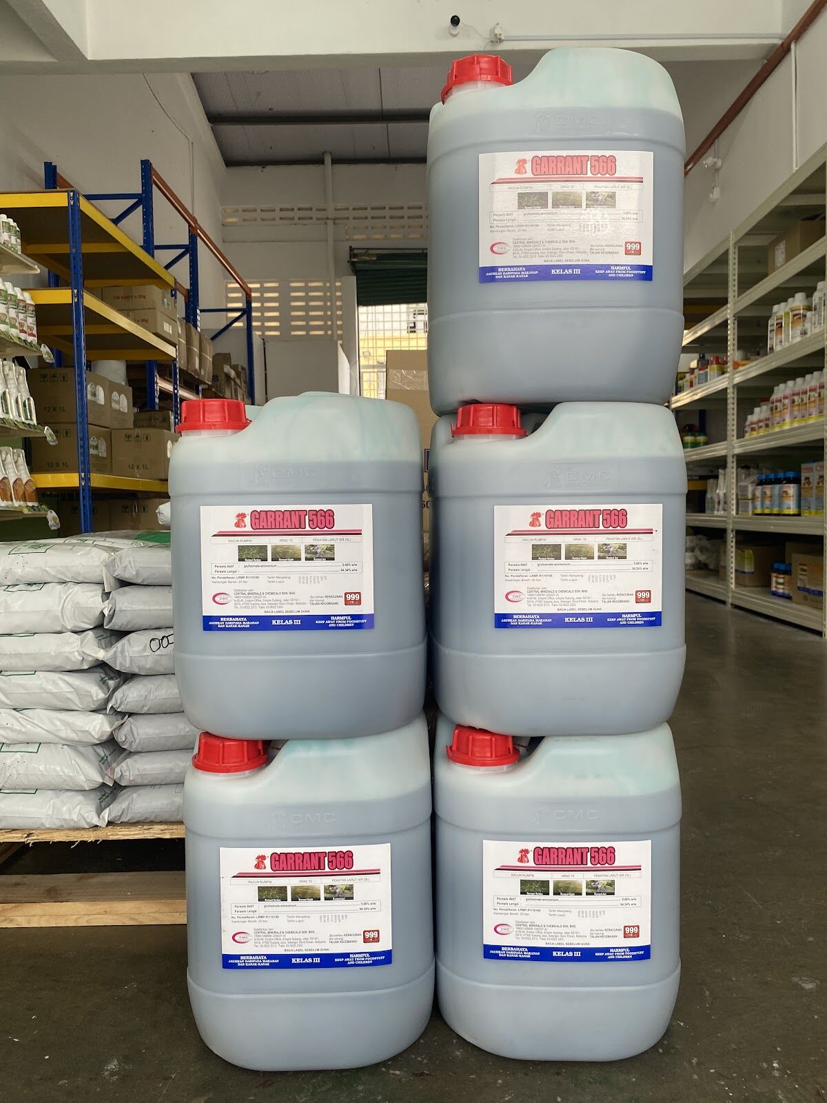 Stacked jerrycans of product in the Jecall warehouse